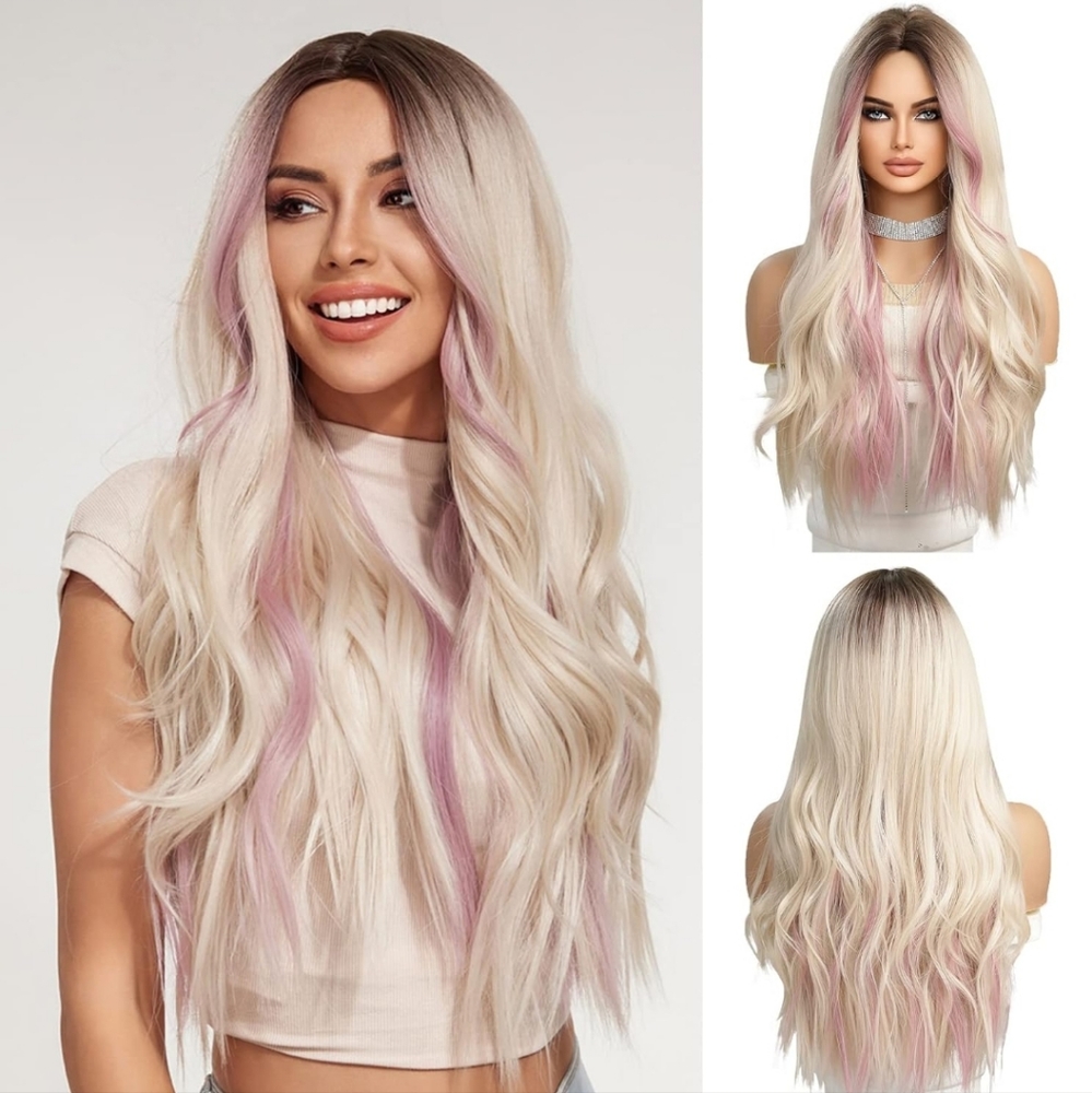 Ombre Blonde Wigs with Pink Purple Highlight 26 inches synthetic
